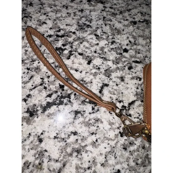 Tory Burch Leather Wallet Wristlet Tan Brown Zip Around Clutch Logo Pouch - Picture 3 of 12